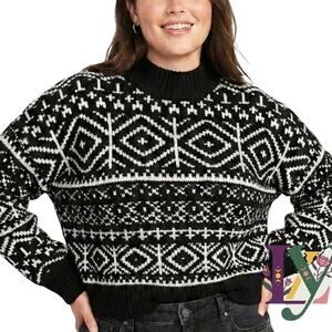 Old Navy SoSoft Fair Isle Geo Sweater Black White Large NWT
